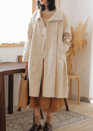 Casual Beige Parkas För Kvinnor Plus Size Varm Vinterkappa Dubbla Bröstfickor Vinter Ytterkläder