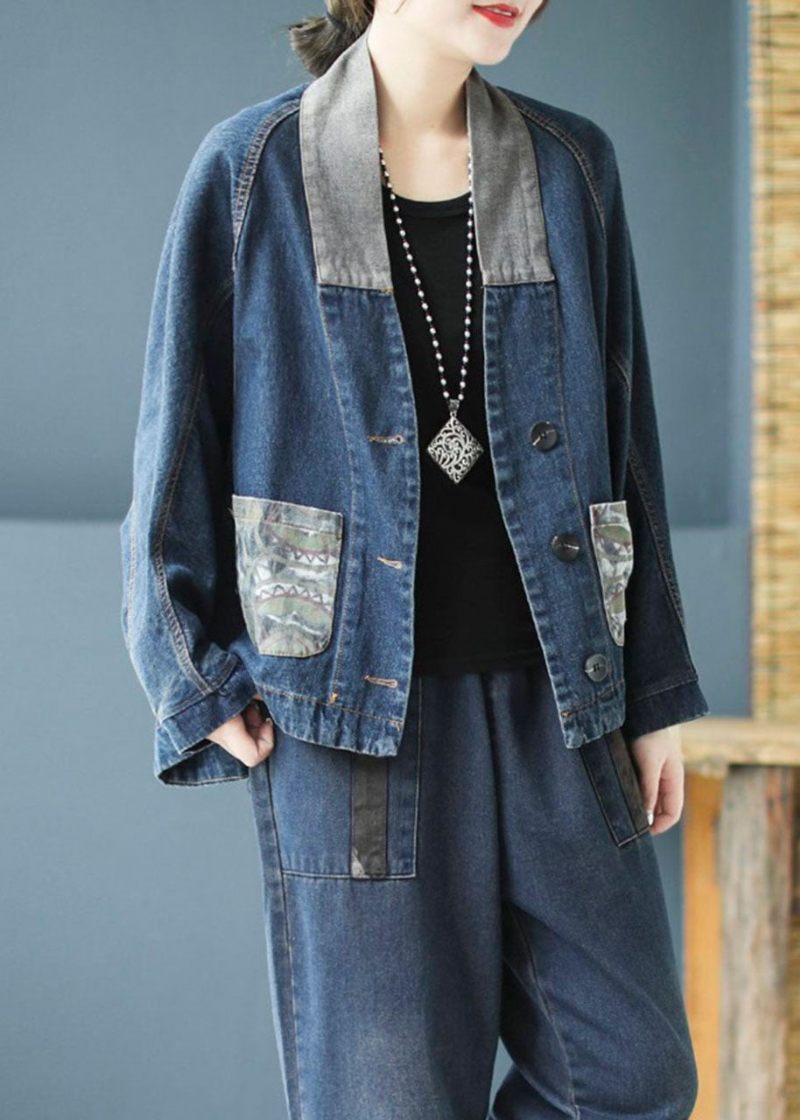 Casual Blå Fickor Knapp Patchwork Print Fall Denim Långärmad Kappa