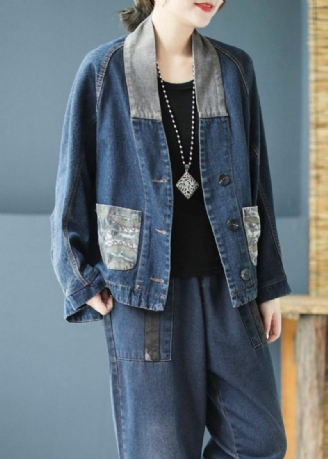 Casual Blå Fickor Knapp Patchwork Print Fall Denim Långärmad Kappa