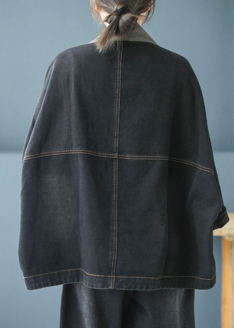 Casual Blå Fickor Knapp Patchwork Print Fall Denim Långärmad Kappa - Blå