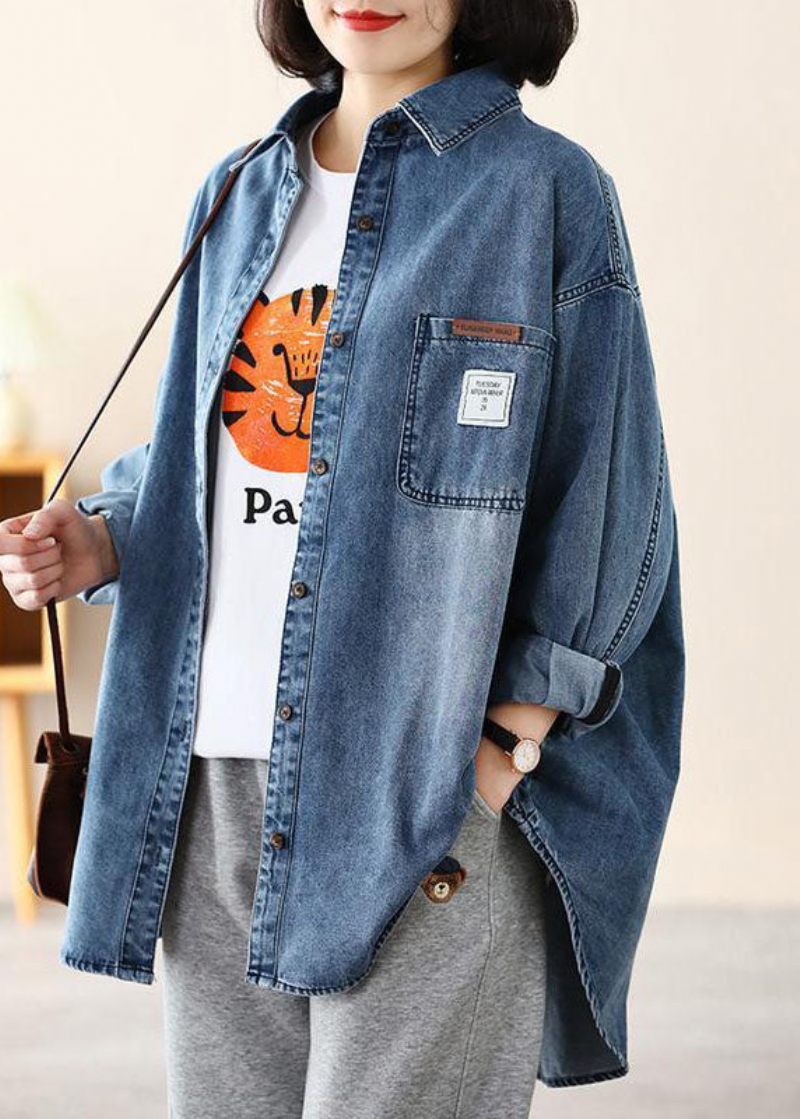 Casual Blå Peter Pan Krage Oversized Applikation Bomull Denim Coat Spring