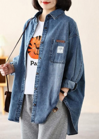 Casual Blå Peter Pan Krage Oversized Applikation Bomull Denim Coat Spring