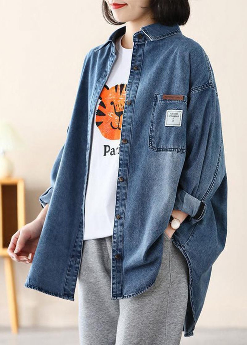 Casual Blå Peter Pan Krage Oversized Applikation Bomull Denim Coat Spring - Vinterkappor för kvinnor