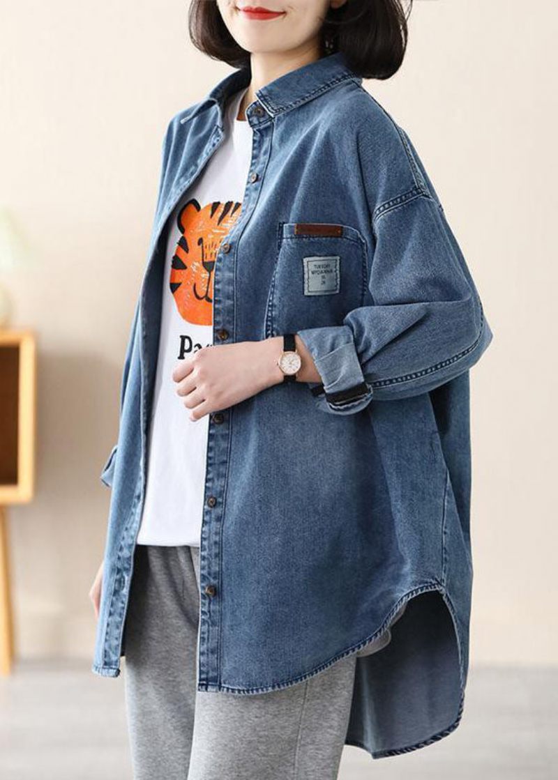 Casual Blå Peter Pan Krage Oversized Applikation Bomull Denim Coat Spring - Vinterkappor för kvinnor