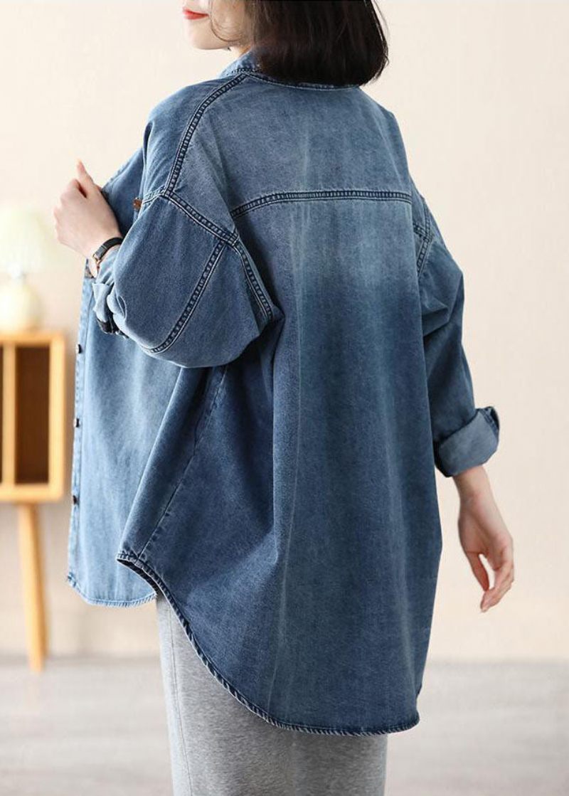 Casual Blå Peter Pan Krage Oversized Applikation Bomull Denim Coat Spring - Vinterkappor för kvinnor