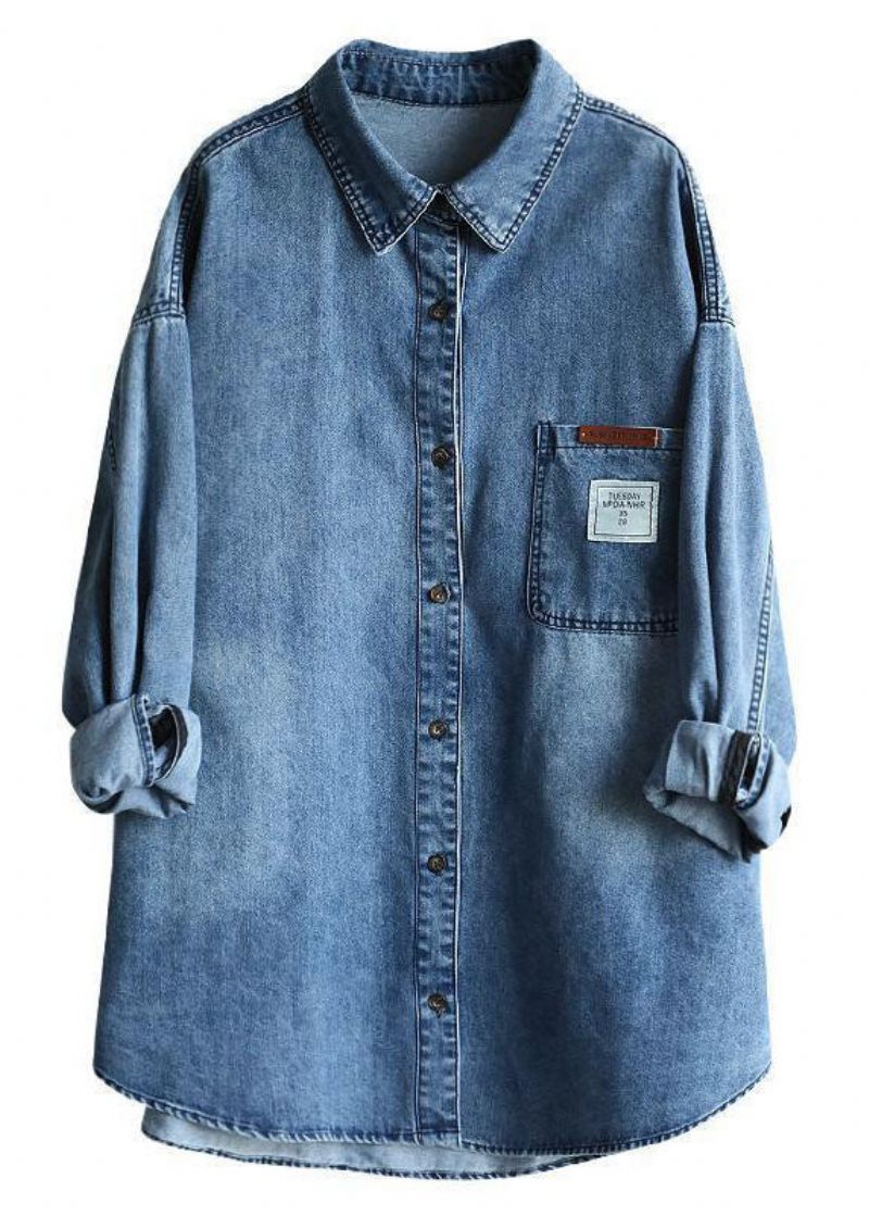 Casual Blå Peter Pan Krage Oversized Applikation Bomull Denim Coat Spring - Vinterkappor för kvinnor