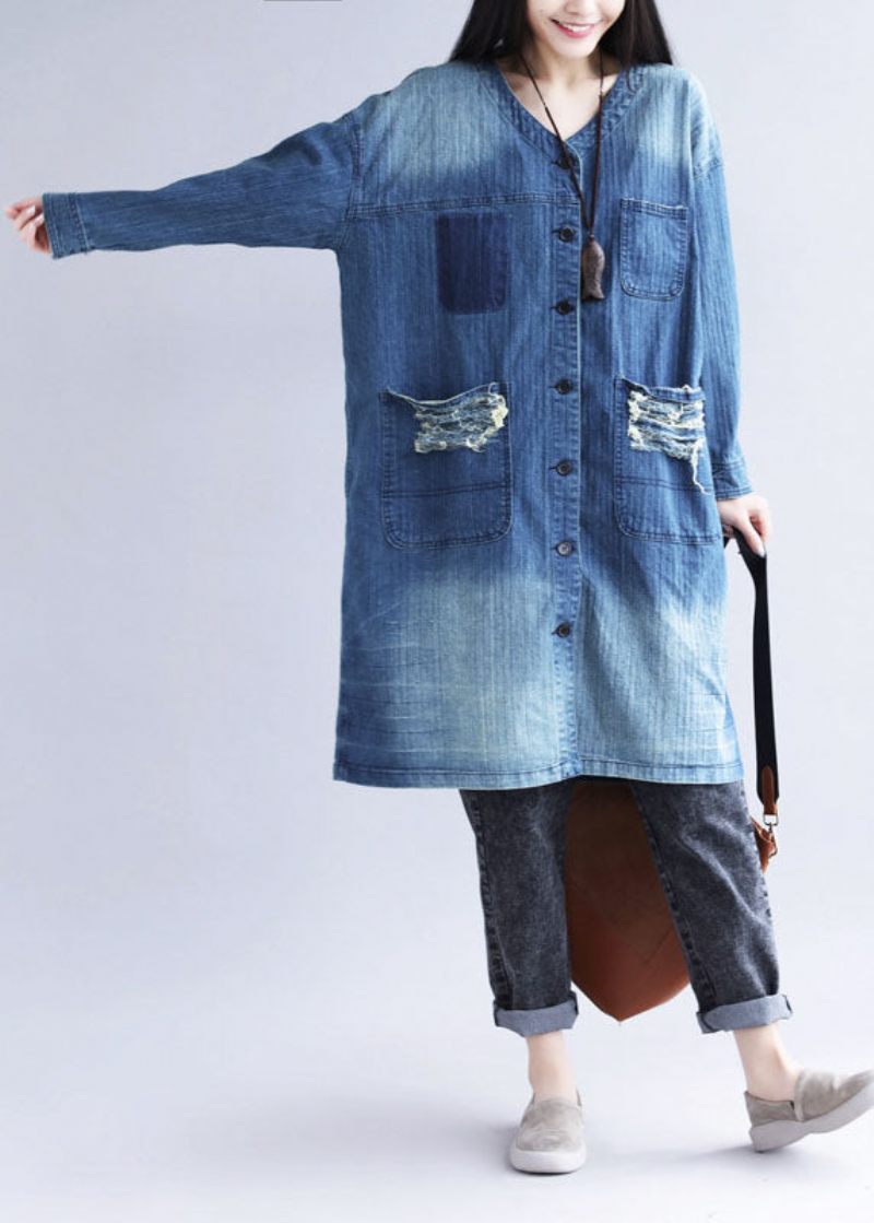 Casual Blå V-hals Rippade Fickor Tryck Bomull Denim Trench Spring