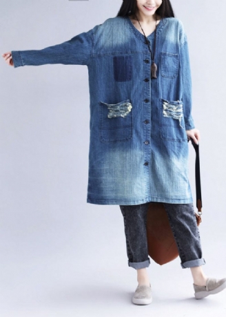 Casual Blå V-hals Rippade Fickor Tryck Bomull Denim Trench Spring