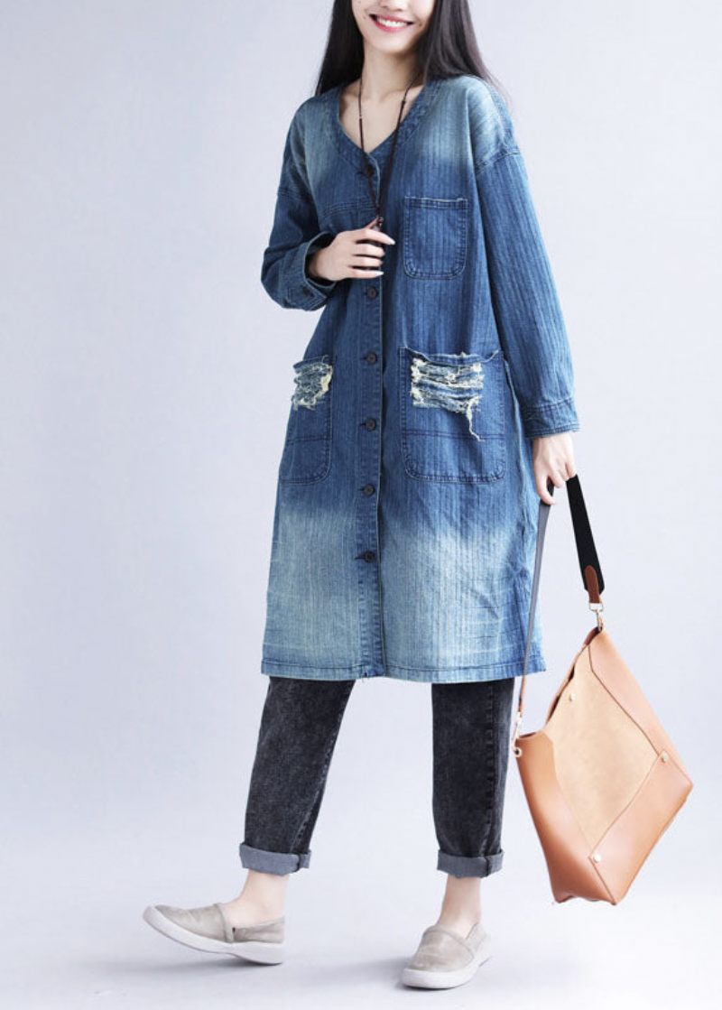 Casual Blå V-hals Rippade Fickor Tryck Bomull Denim Trench Spring - Trenchcoats för kvinnor