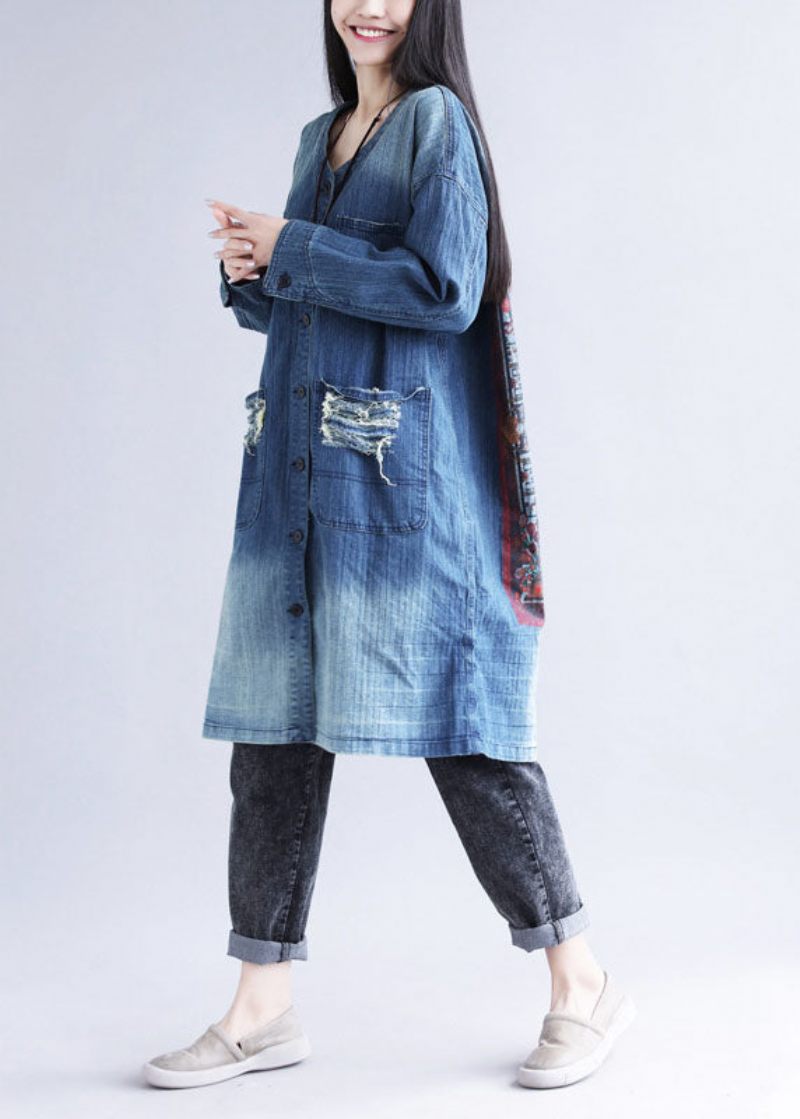 Casual Blå V-hals Rippade Fickor Tryck Bomull Denim Trench Spring - Trenchcoats för kvinnor