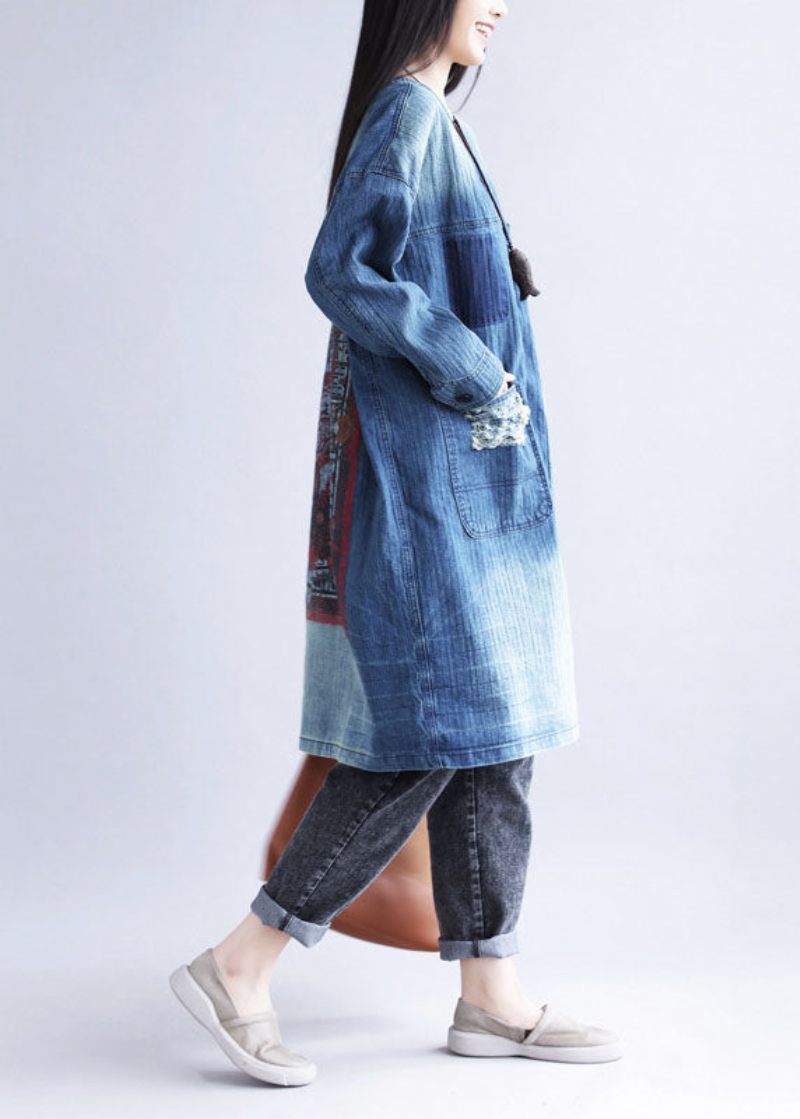 Casual Blå V-hals Rippade Fickor Tryck Bomull Denim Trench Spring - Trenchcoats för kvinnor