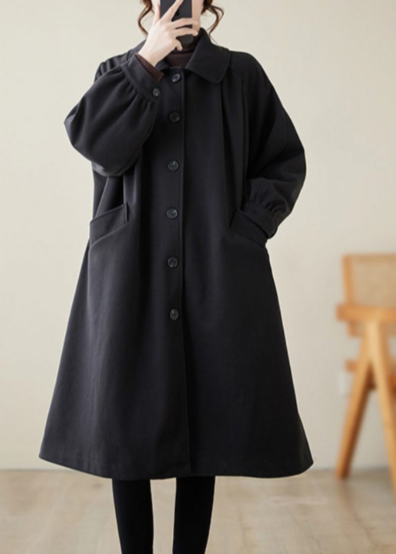 Casual Black Lapel Oversized Woolen Trench Spring - Ullrockar för kvinnor