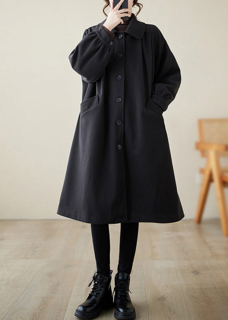 Casual Black Lapel Oversized Woolen Trench Spring - Ullrockar för kvinnor