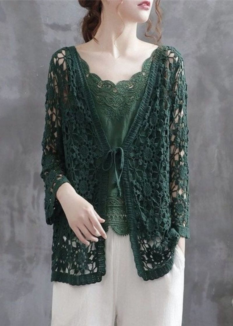 Casual Blackish Green Hollow Out Patchwork Stickning Cotton Cardigan Fall