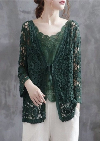 Casual Blackish Green Hollow Out Patchwork Stickning Cotton Cardigan Fall