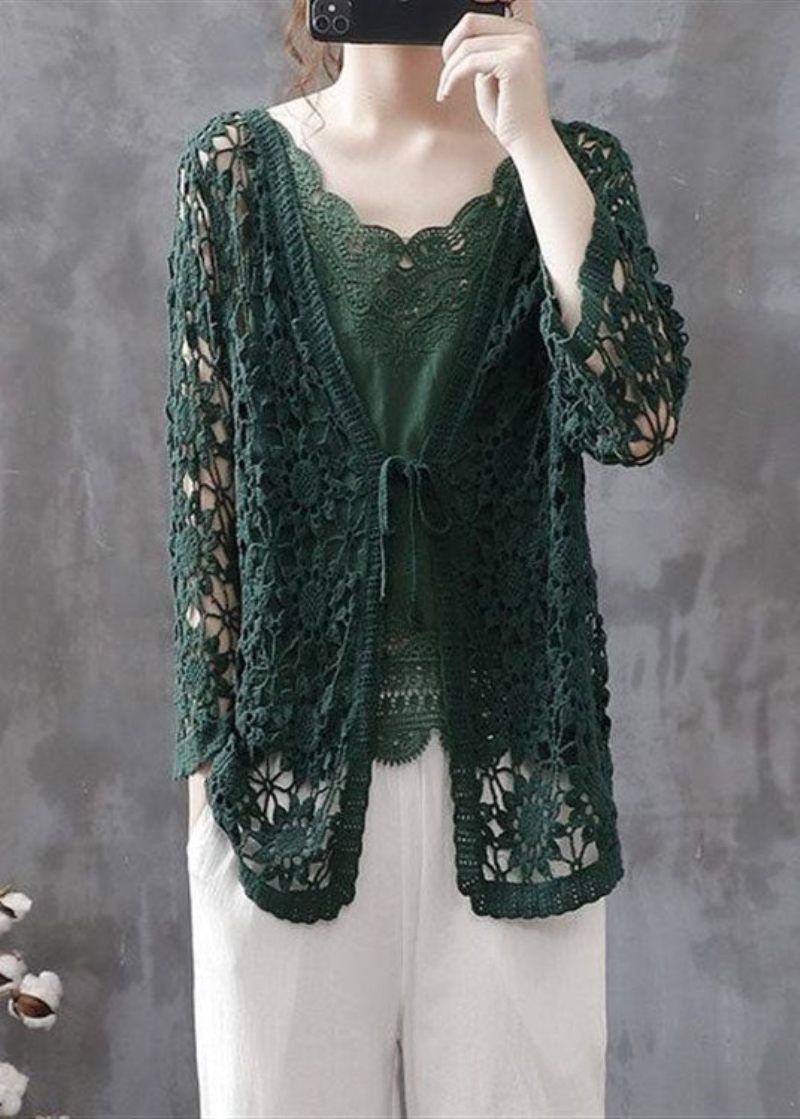 Casual Blackish Green Hollow Out Patchwork Stickning Cotton Cardigan Fall - Koftor för kvinnor