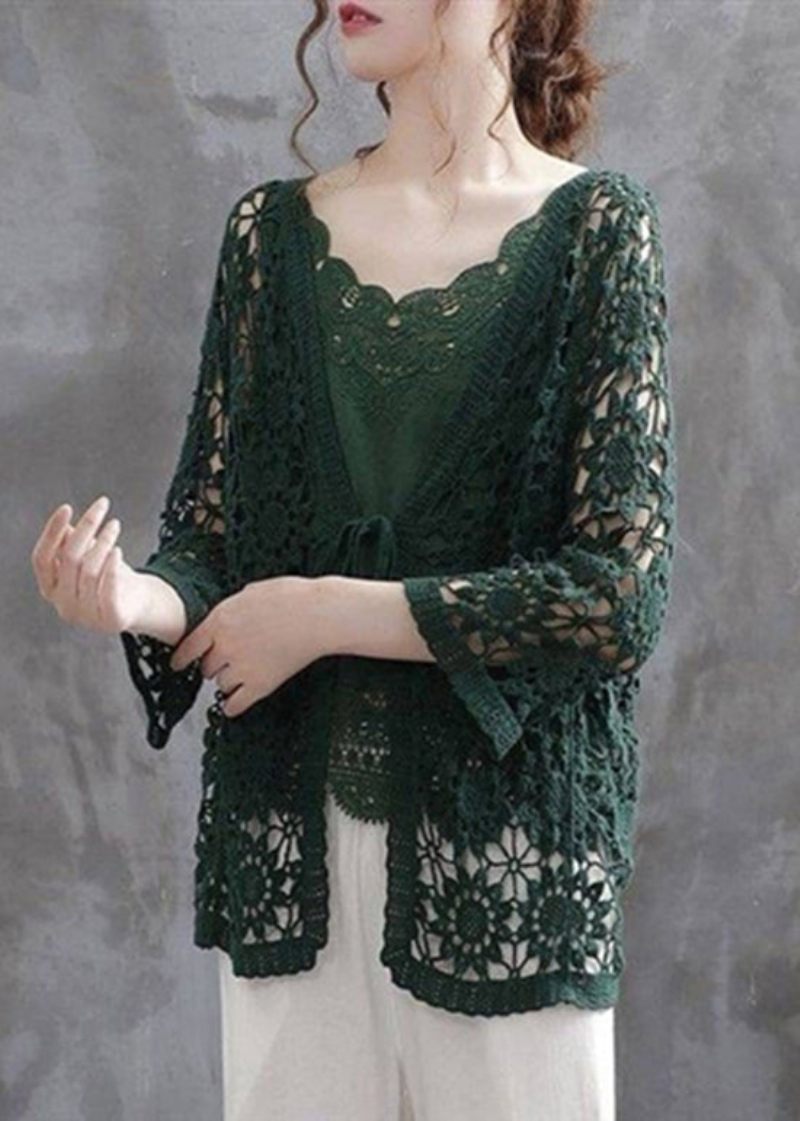 Casual Blackish Green Hollow Out Patchwork Stickning Cotton Cardigan Fall - Koftor för kvinnor