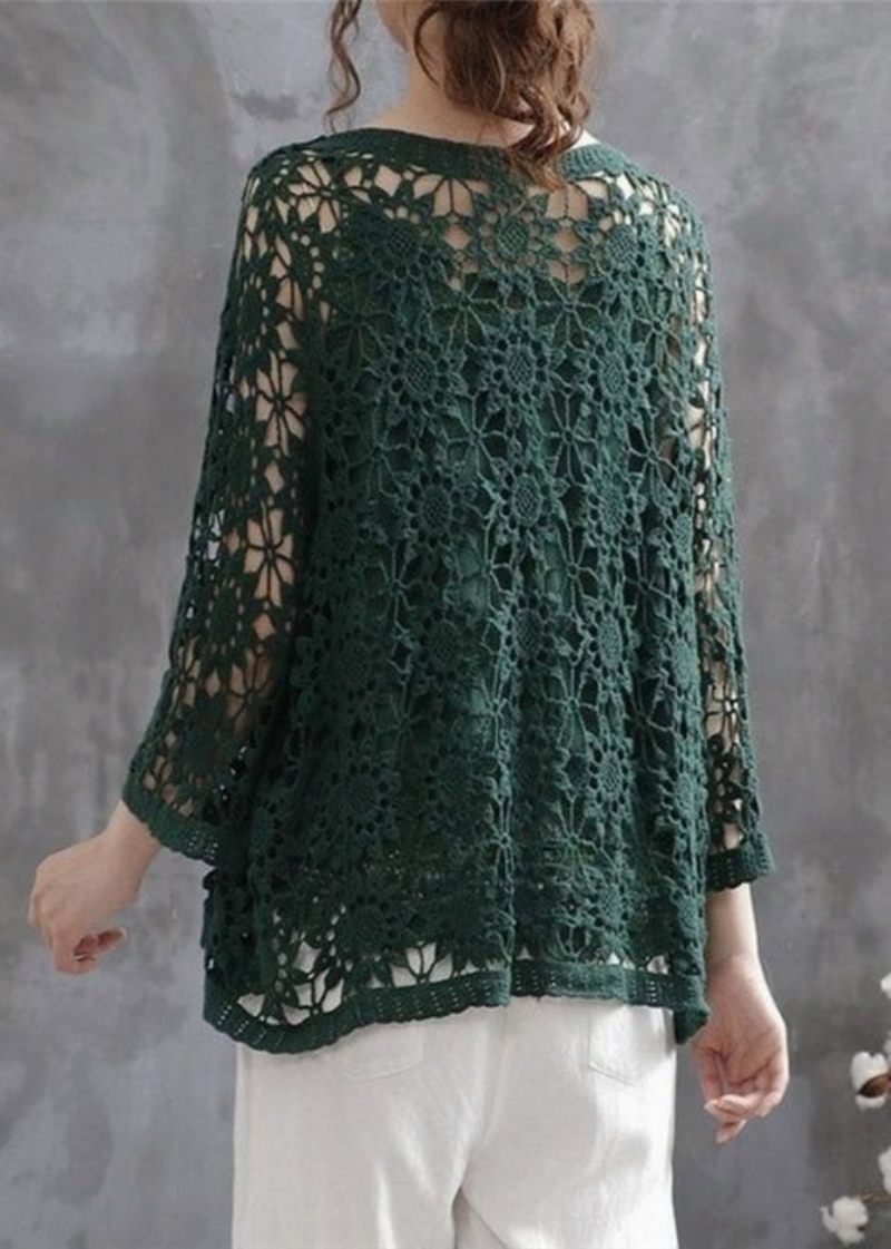 Casual Blackish Green Hollow Out Patchwork Stickning Cotton Cardigan Fall - Koftor för kvinnor