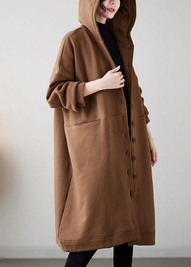 Casual Camel Button Varm Fleece Tjock Hoodie Maxi Coat Vinter - Kamel