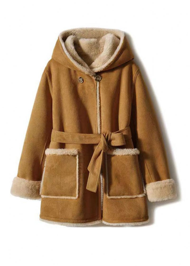 Casual Camel Patchwork Sashes Varm Fleece Wooled Blended Hooded Coat Vinter - Choklad