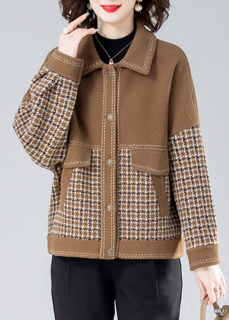 Casual Camel Peter Pan Collar Print Patchwork Coats Långärmad