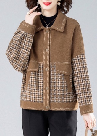 Casual Camel Peter Pan Collar Print Patchwork Coats Långärmad