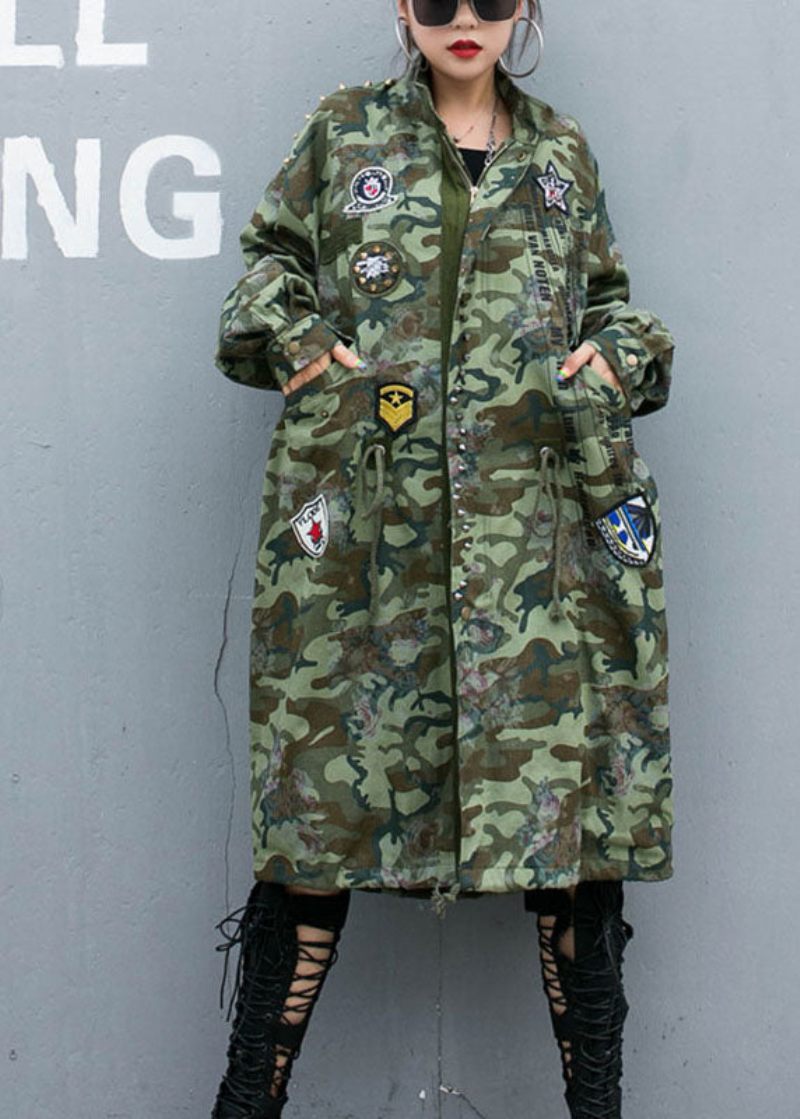 Casual Camouflage Nit Print Fickor Fall Denim Långärmad Trenchcoats Kappa