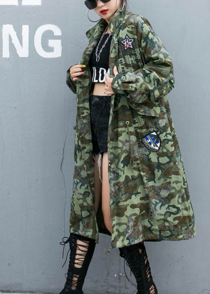 Casual Camouflage Nit Print Fickor Fall Denim Långärmad Trenchcoats Kappa - Svart