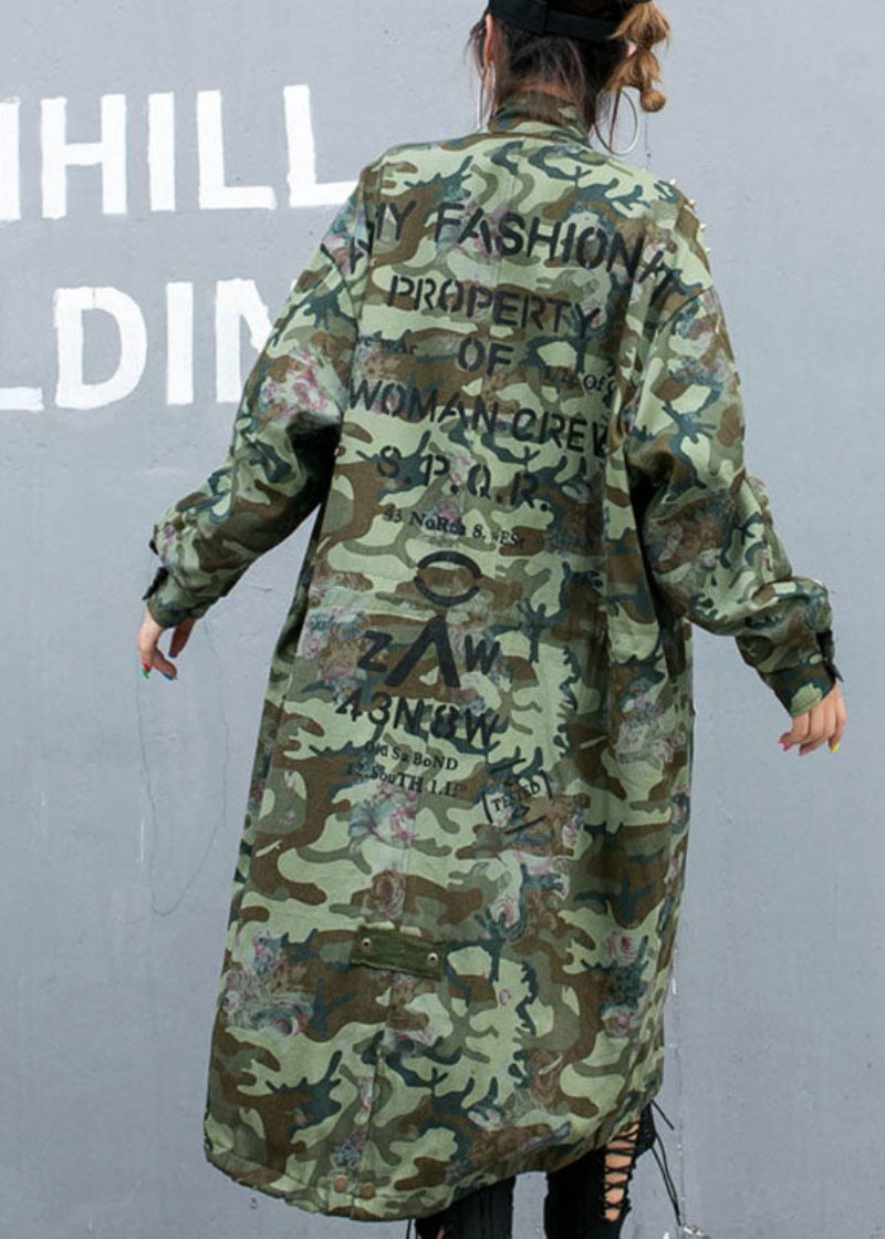 Casual Camouflage Nit Print Fickor Fall Denim Långärmad Trenchcoats Kappa - Svart