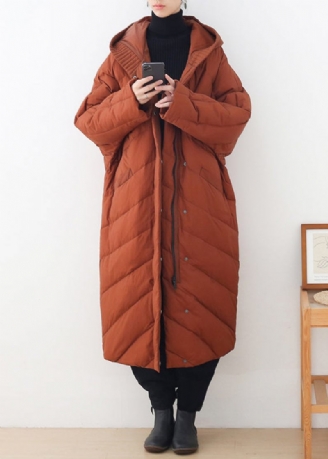 Casual Caramel Dragkedja Knappfickor Hooded Down Coat Långärmad