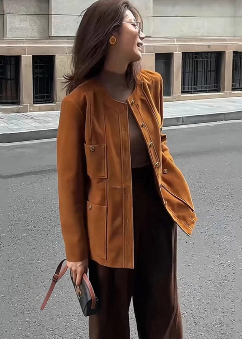 Casual Caramel Metallknappar Silm Fit Cotton Jacka Vinter - Vinterkappor för kvinnor