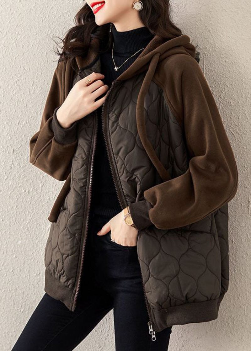 Casual Choklad Huva Dragsko Patchwork Fin Bomullsfylld Witner Coat