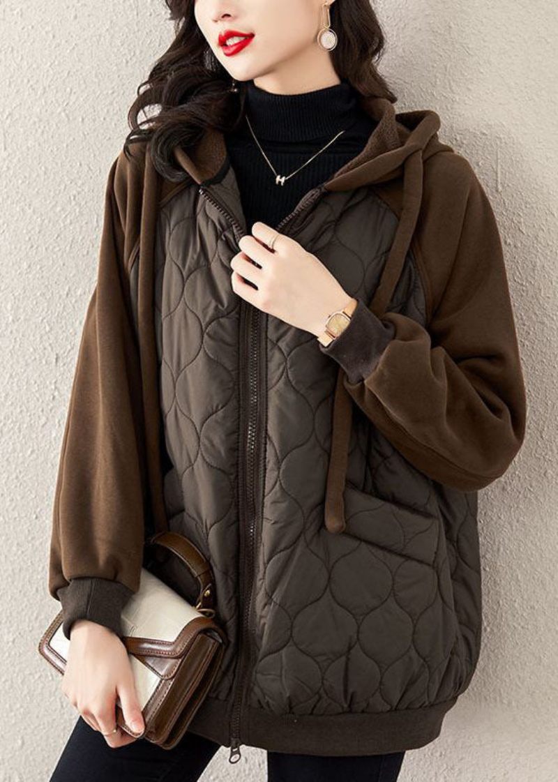 Casual Choklad Huva Dragsko Patchwork Fin Bomullsfylld Witner Coat - Vinterkappor för kvinnor