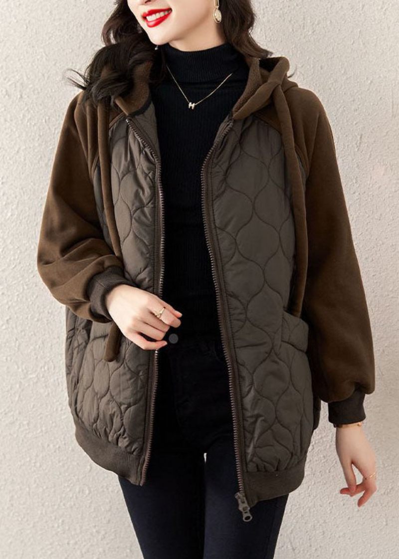 Casual Choklad Huva Dragsko Patchwork Fin Bomullsfylld Witner Coat - Vinterkappor för kvinnor