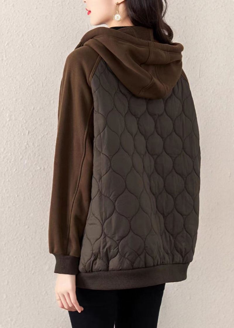 Casual Choklad Huva Dragsko Patchwork Fin Bomullsfylld Witner Coat - Vinterkappor för kvinnor