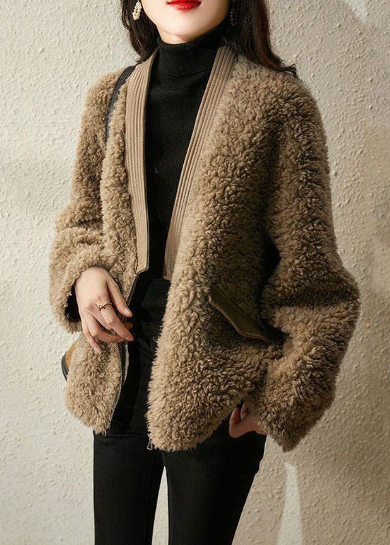 Casual Choklad V Neck Patchwork Tedd Faux Fur Coats Vinter