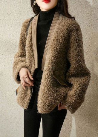 Casual Choklad V Neck Patchwork Tedd Faux Fur Coats Vinter