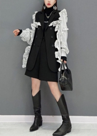 Casual Colorblock Peter Pan Krage Patchwork Ruffles Coat Spring