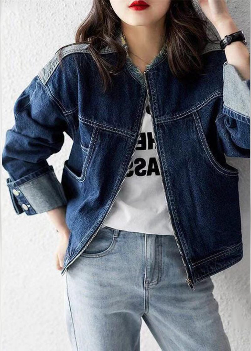 Casual Denim Blå O-hals Dragkedja Patchwork Coat Långärmad