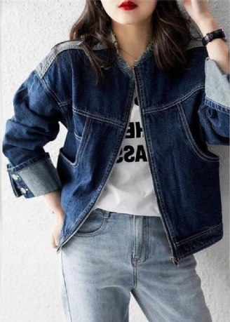 Casual Denim Blå O-hals Dragkedja Patchwork Coat Långärmad