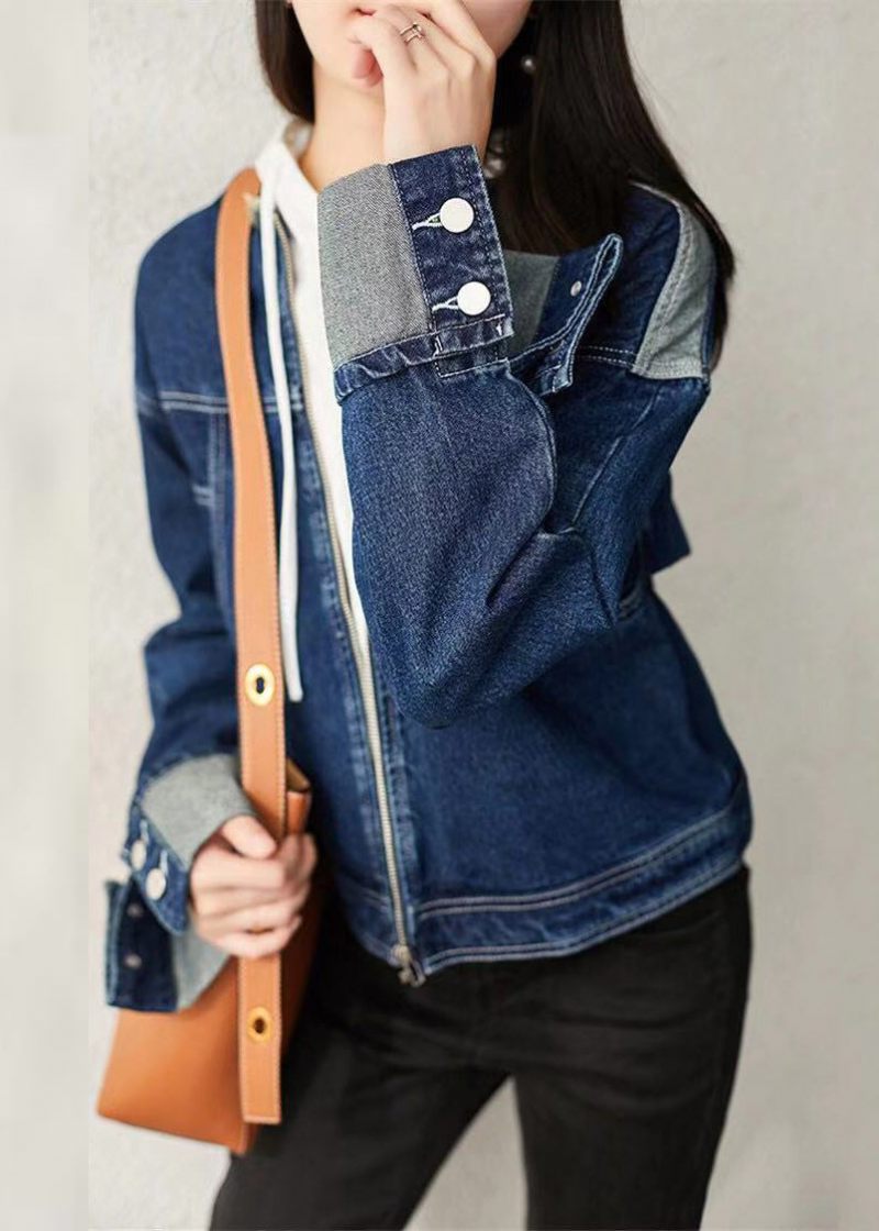 Casual Denim Blå O-hals Dragkedja Patchwork Coat Långärmad - Vinterkappor för kvinnor