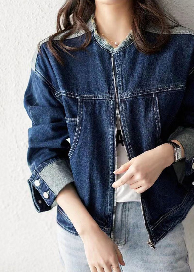 Casual Denim Blå O-hals Dragkedja Patchwork Coat Långärmad - Vinterkappor för kvinnor