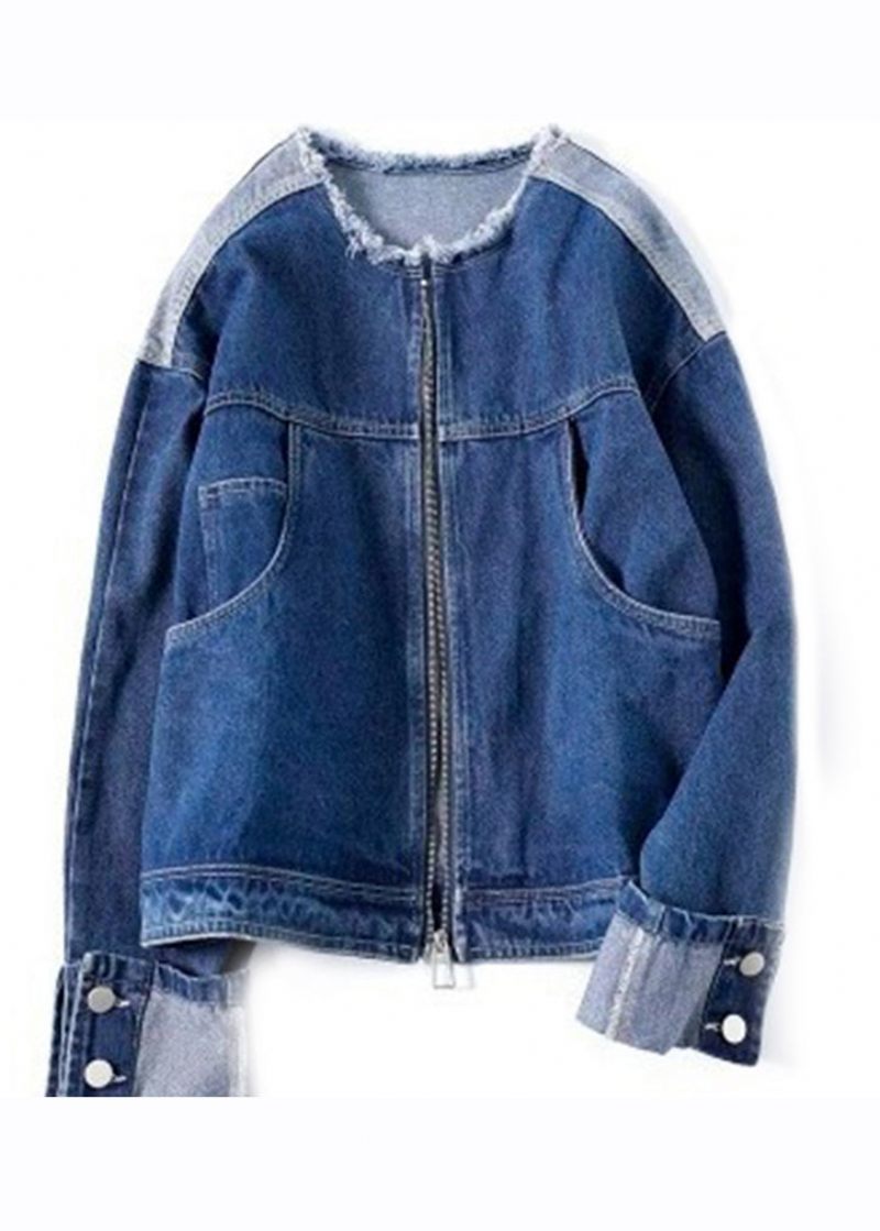 Casual Denim Blå O-hals Dragkedja Patchwork Coat Långärmad - Vinterkappor för kvinnor