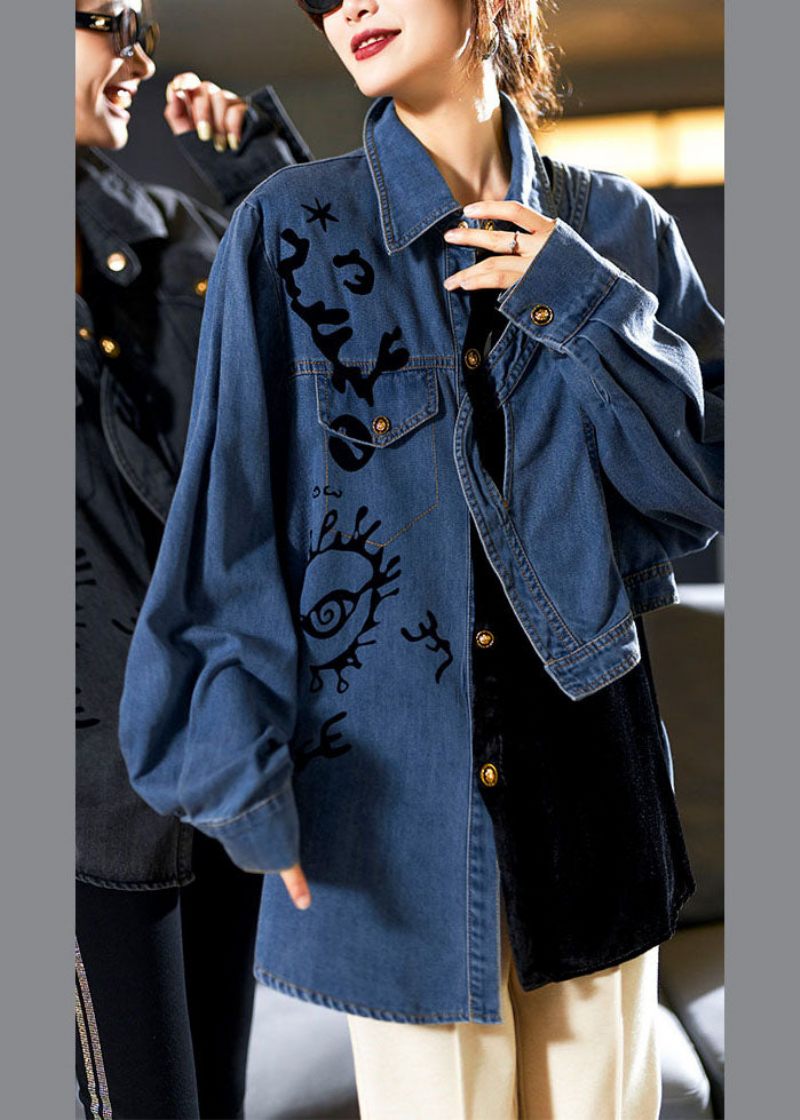 Casual Denim Blå Peter Pan Krage Asymmetriskt Tryck Knapp Bomull Coats Långärmad