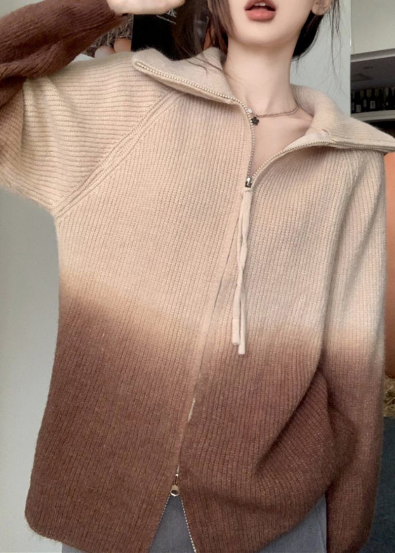 Casual Grå Gradient Zip Up Patchwork Stickad Jacka Vinter - Koftor för kvinnor