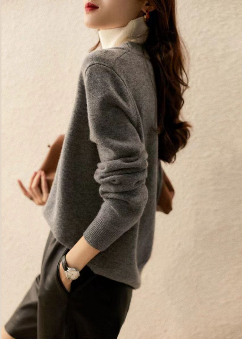 Casual Grå Hign Neck Tjock Patchwork Ull Stickad Pullover Fall - Ullrockar för kvinnor