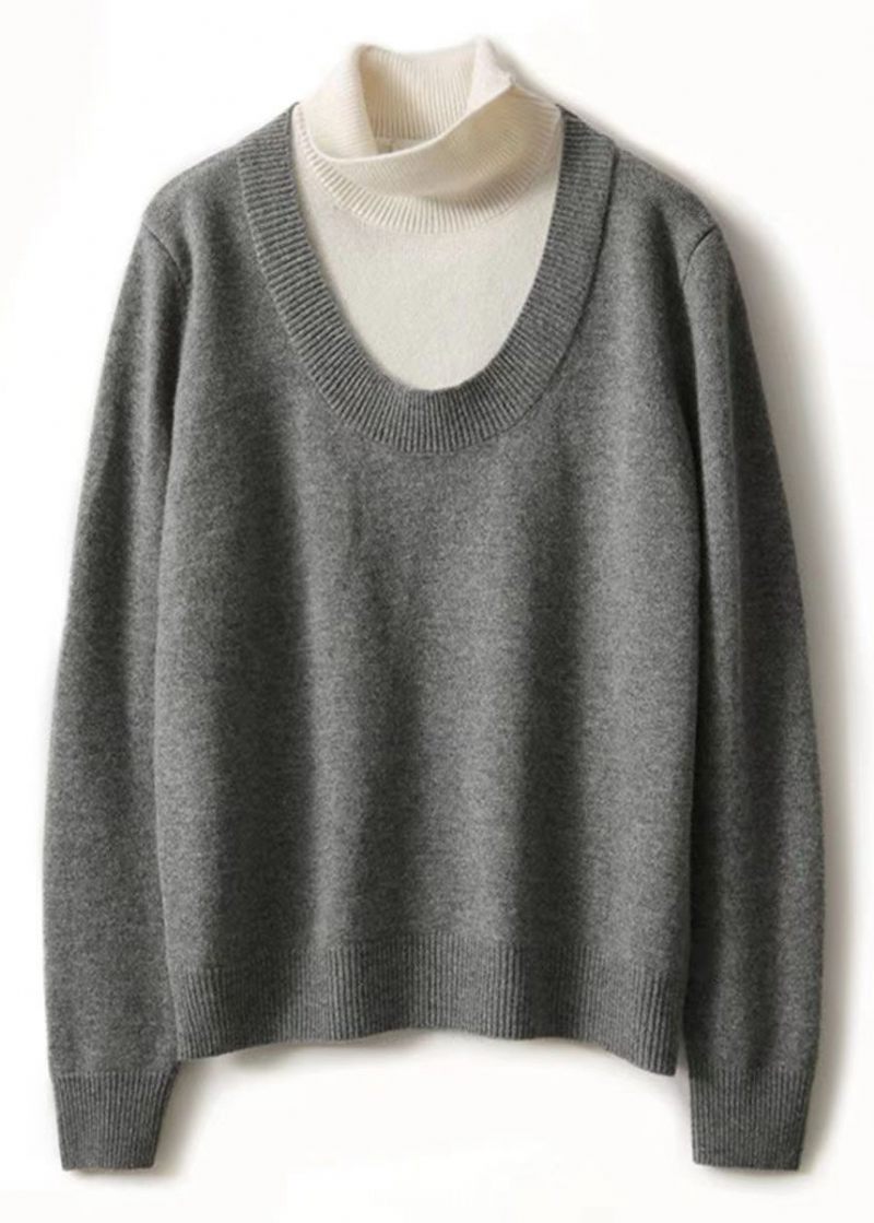 Casual Grå Hign Neck Tjock Patchwork Ull Stickad Pullover Fall - Ullrockar för kvinnor