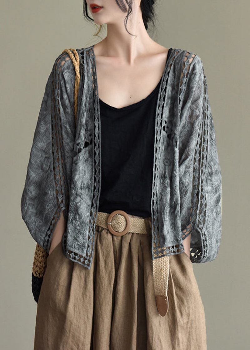 Casual Grå Svart Hollow Out Broderade Cardigans Batwing Sleeve