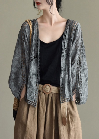 Casual Grå Svart Hollow Out Broderade Cardigans Batwing Sleeve