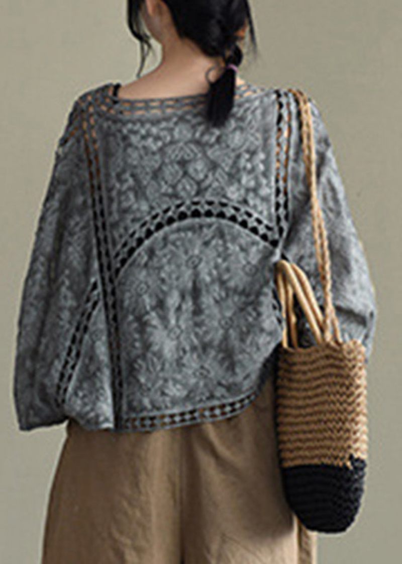 Casual Grå Svart Hollow Out Broderade Cardigans Batwing Sleeve - Grå Svart